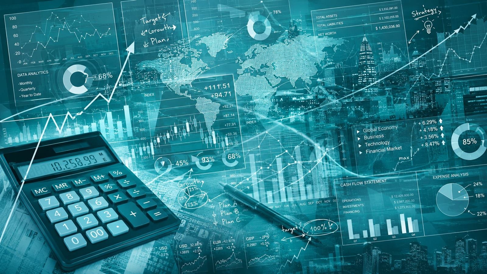 A financial analyst desk of cash-flow statements, budget charts, scenario plans and a calculator