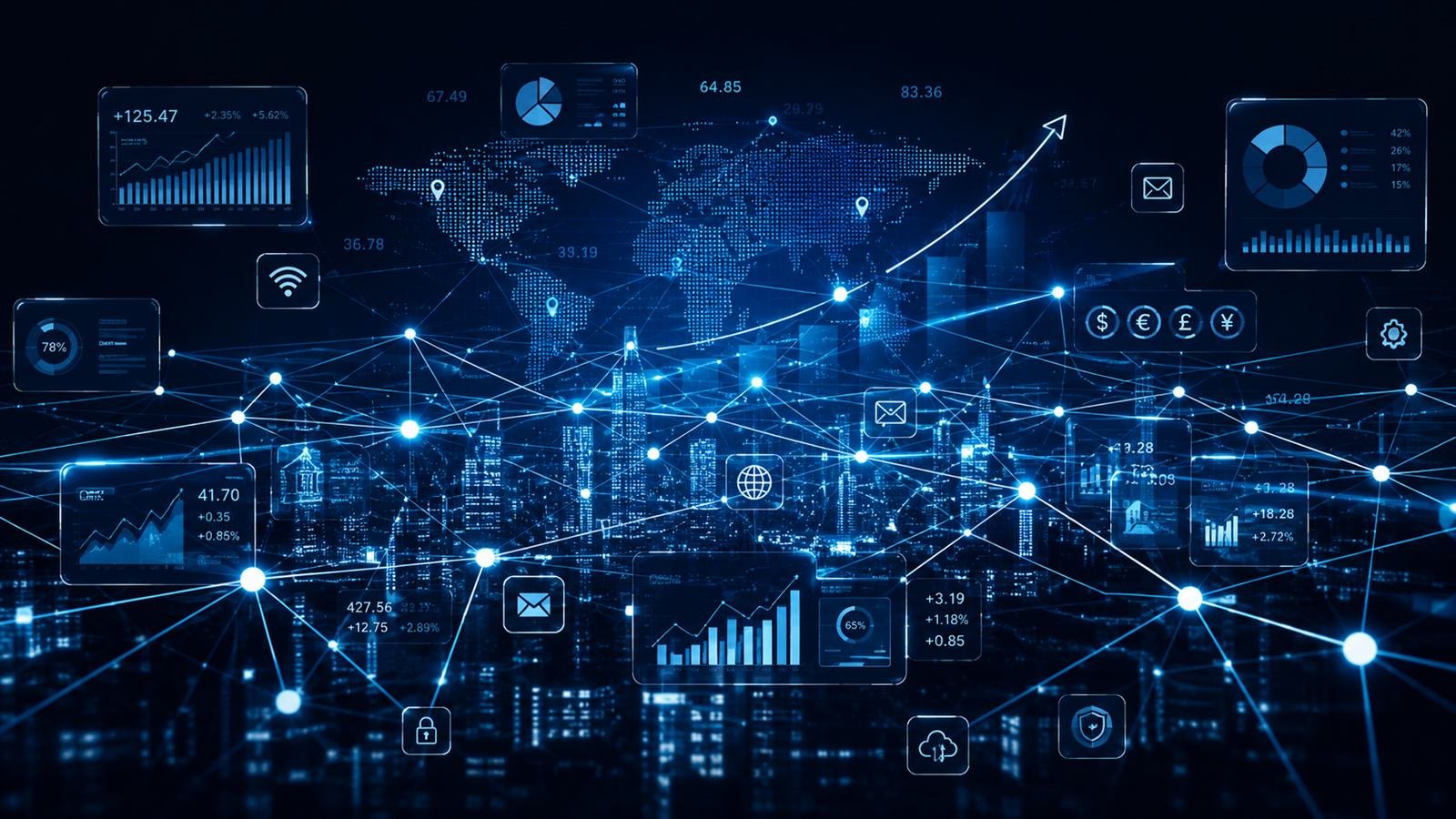 A connected network of data nodes spanning a city, linking dashboards, currencies and reporting panels