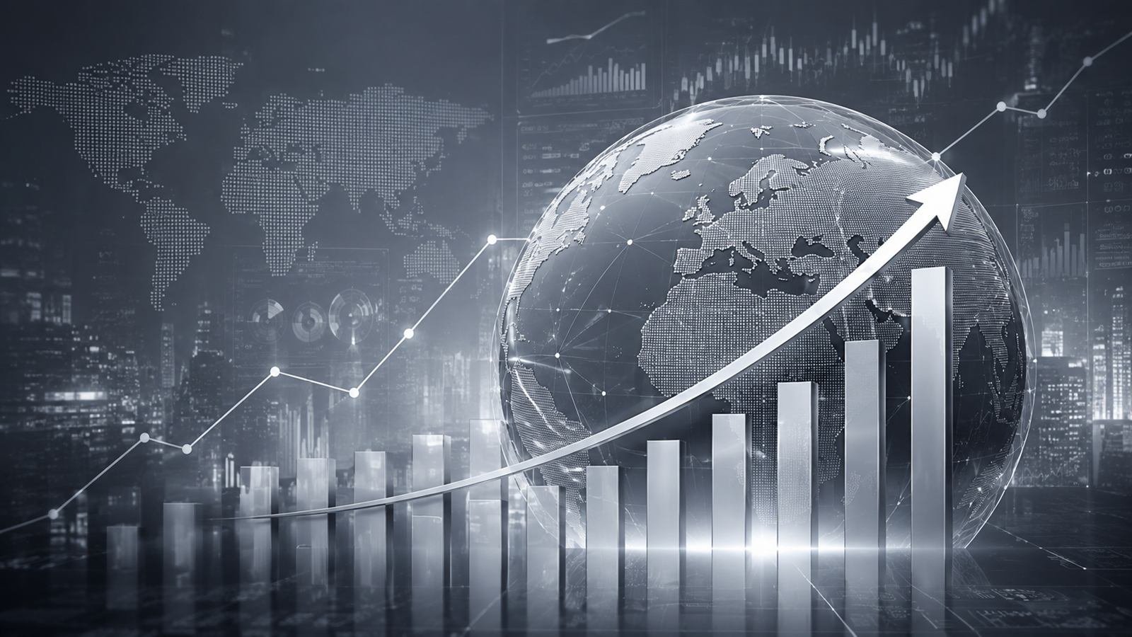A wireframe globe beside a rising bar chart and trend arrow, representing multi-country programme delivery