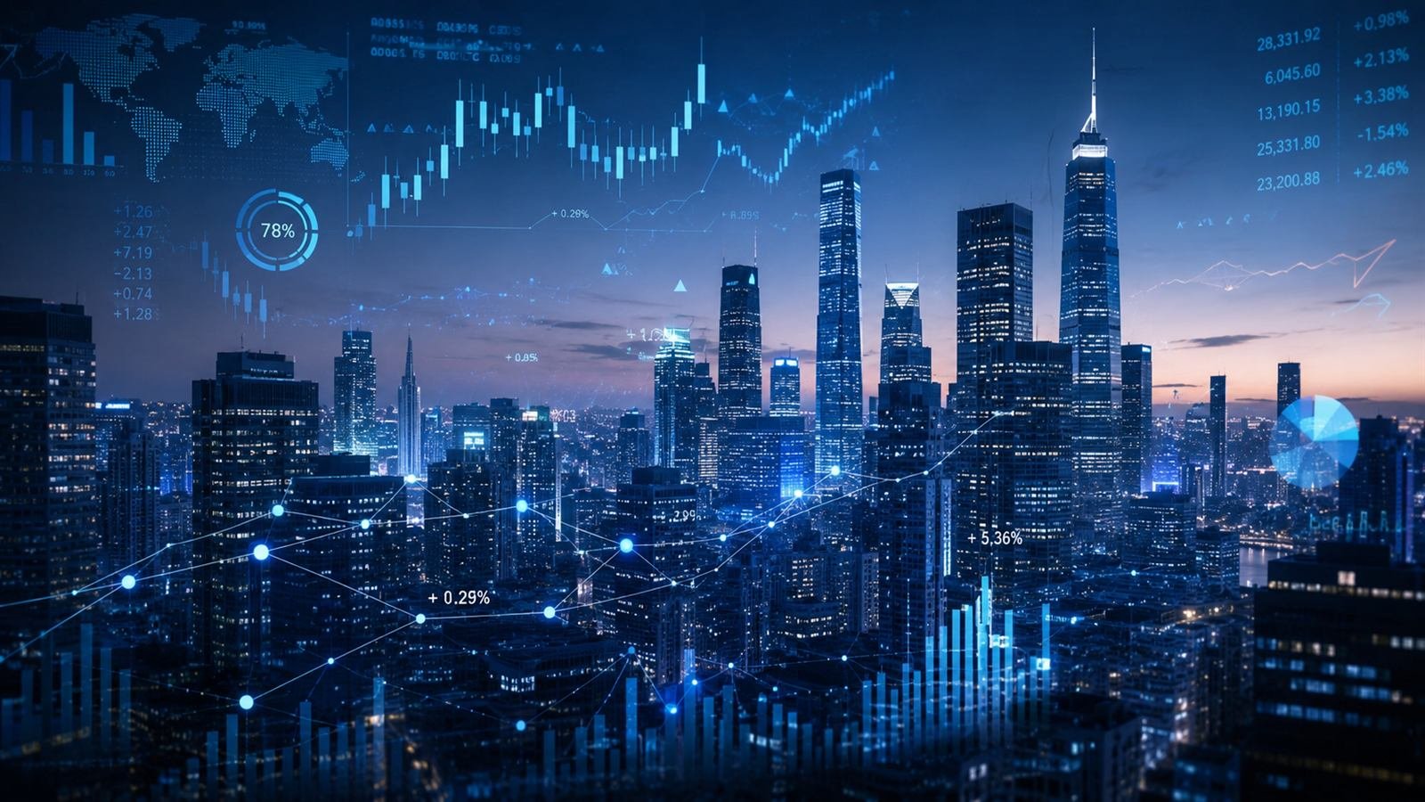 A financial district skyline at dusk overlaid with market indices, candlestick charts and performance percentages